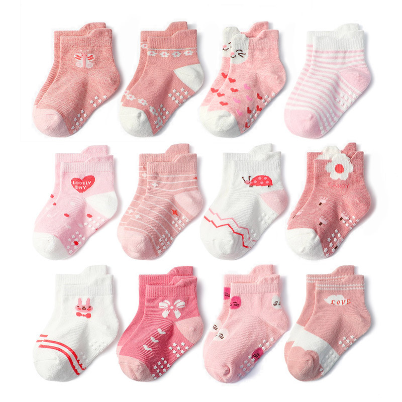 Anti Blister Sock - 6 Paar Mädchensocken mit Cartoon-Blumen-Herz-Muster, rutschfeste